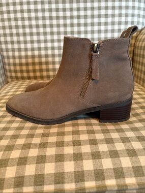 Blondo Taupe Suede Ankle Booties with Low Block Heel